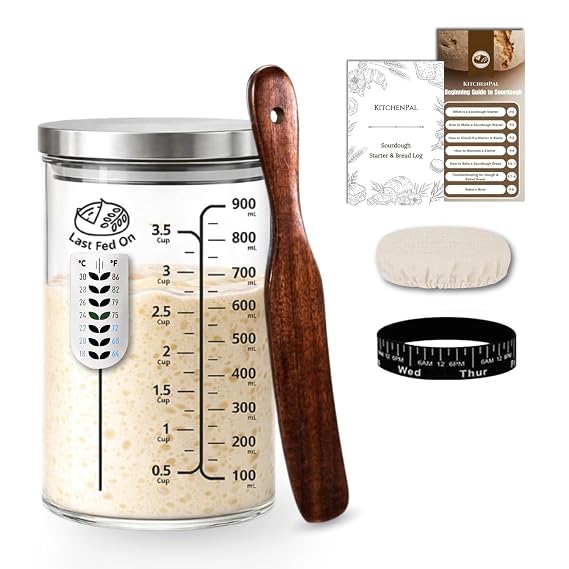 34Oz Sourdough Starter Jar Kit with Date Band, Thermometer & Wooden Spurtle Glass Sourdough Starter Container, Homemade Bread Fermentation Kit