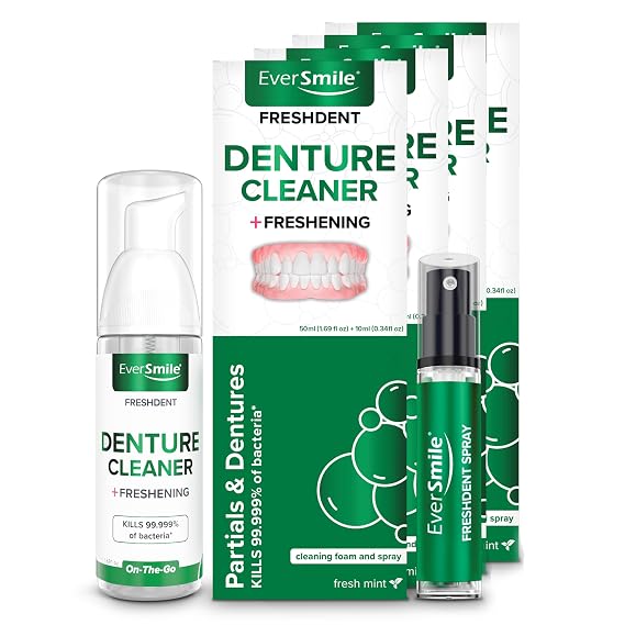 EverSmile FreshDent Denture and Partial Denture Cleaner + Teeth Whitening Spray and Foam Travel Size Alternative to Cleaning Tablets That Eliminates Bacteria and Fights Bad Breath 50ml + 10ml (4pk)