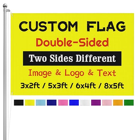 Custom Flags Double-Sided 5ft x 3ft with Eyelets Personalised Photo Banner with Picture Logo Text, Make Your Own Flag for Camping Birthday Anniversary Festival Wall Decoration Celebrations Party Yard
