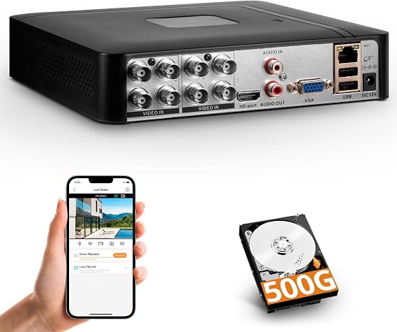 Surveillance DVR 8 Channel H.265+ Security Video Recorder with 500G HDD,Hybrid 6-in-1 CCTV DVR for CVBS/AHD/TVI/XVI/CVI/IP Camera,DVR for Security Camera Home Surveillance System,Mobile APP&PC Remote