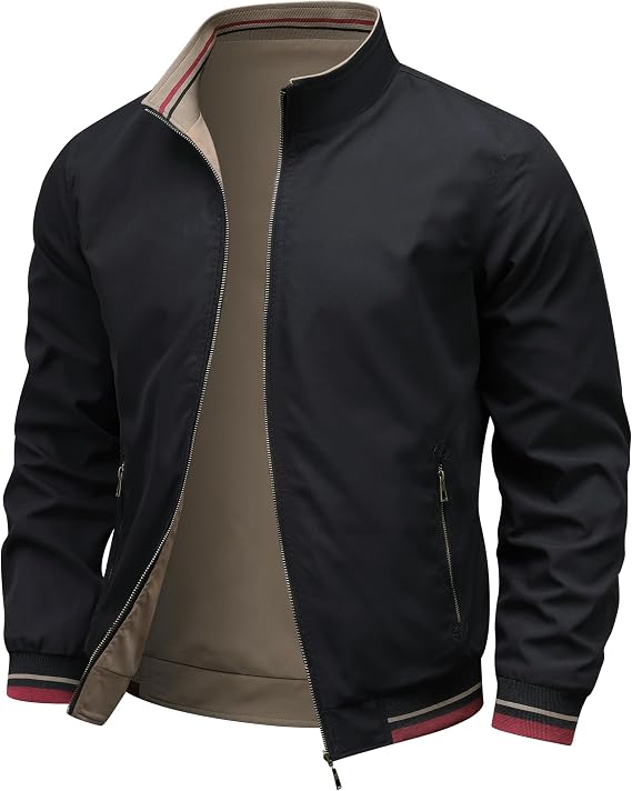 Men’s Reversible Jacket Lightweight Windbreaker Stand Collar Outdoor Coat with Zipper Pockets