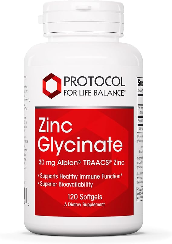Protocol for Life Balance Zinc Glycinate 30mg - with Albion Traacs Zinc - Zinc Glycinate Supplement - Immune System Support* - Keto Friendly & Dairy Free - 120 Softgels
