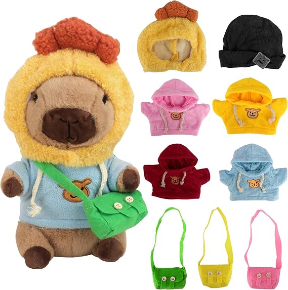 Capybara Plush with 9 PCS Clothes&Accessories, 25cm Capybara Stuffed Animal, Cute CapybaraTeddy, Capybaras Plush Soft Toy, Dress Up Capybaras Stuffed Animal PlushToys Gift for Kids Boy Girl (E)