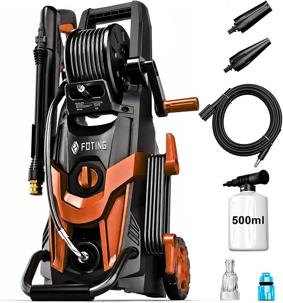 Foting High Pressure Washer 180bar, 450 l/h Jet Washer with Hose Reel, Foam Cannon & Adjustable 6-in-1 Nozzles, Area Coverage: 50㎡/h, Electric Power Washer for Fences, Cars, Patios and Driveway