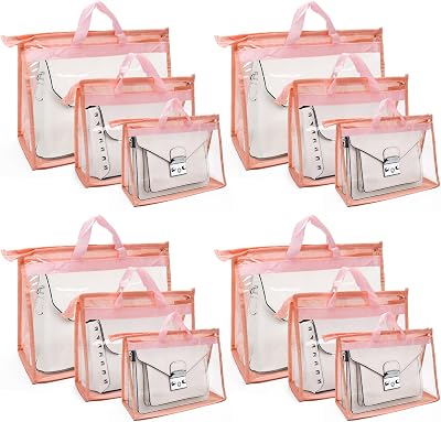 12pcs Dust Bags for Handbags,Clear Purse Storage Bags for Women,3 Size Purse Organizer Purse Cover Hanging Closet Organizer with Zipper Pink