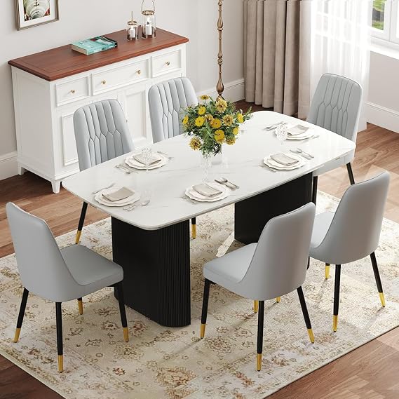 White Dining Table Set for 6, 67'' Marble Dining Table Set with 3.5'' Thick White Oval Tabletop and Matte Black Column Base, Modern Kitchen Table Set with 6 Metal Legs Chairs