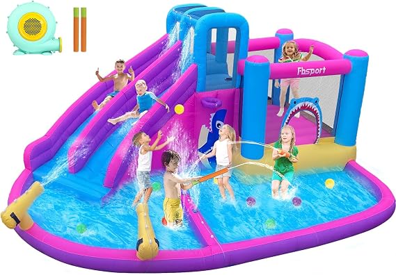 FBSPORT Inflatable Bounce House Double Slide,Water Slide Park Bounce House with Ball Pit,Water Cannon, Climbing Wall, Kids Bouncy Castle with 550W Air Blower for Backyard, Outdoor, Indoor