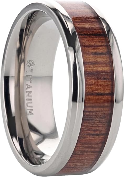 Thorsten KOAN Titanium Polished Finish Koa Wood Inlaid Mens Wedding Ring with Beveled Edges - 6mm & 8mm
