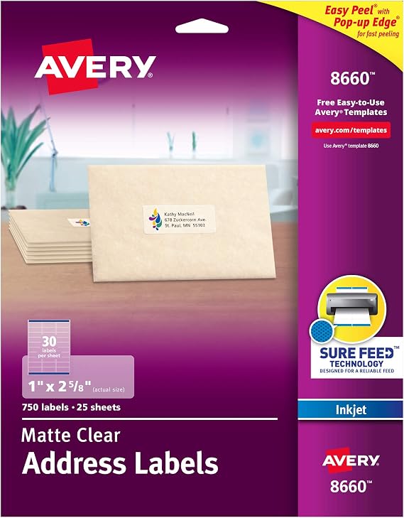 Avery Printable Address Labels, Sure Feed Technology, 1" x 2-5/8", Matte Clear, Compatible with Inkjet Printers, 750 Blank Labels Total, Great for Mailing, Branding, and More (8660)