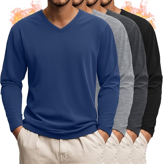 Evervibe 4 Pack Men's Big and Tall Thermal Shirts | Fleece Lined V Neck Long Sleeve Thermal Underwear, Loose Fit Warm Base Layer Tops, Winter Cold Weather Clothes Daily Wear