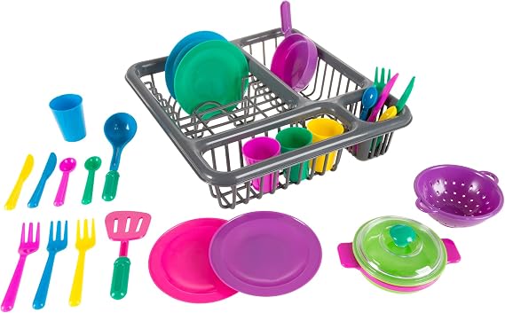 Hey! Play! Kids Play Dish Set, 27 Piece Tableware Dish Set with Drainer for Kitchen Playset and Pretend Food, Toys for Boys and Girls