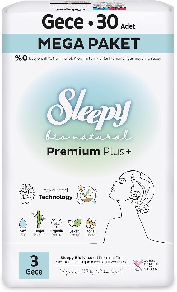 Sleepy Bio Natural Premium Plus Hijyenik Ped Mega Paket Gece 30 Adet