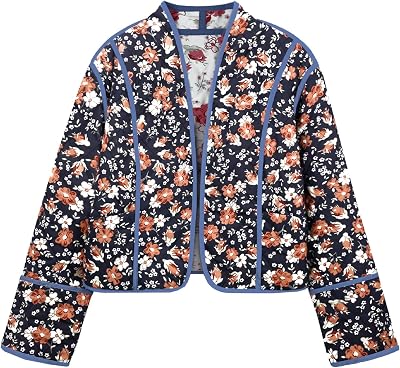 Flygo Women Cropped Puffer Jacket Cardigan Floral Printed Quilted Coats Lightweight Open Front Crop Padded Down Jackets
