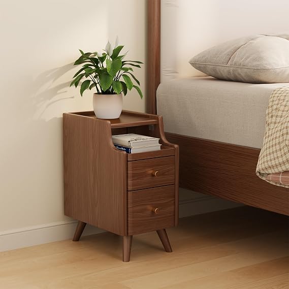 AQIMUELE Small Bedside Table, Narrow Bedside Cabinet with 2 Drawers, Slim Bedside Table for Bedroom, 30cm, Walnut