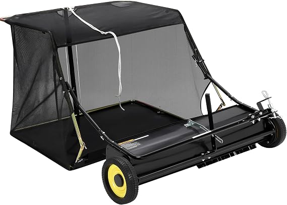 Tow Behind Lawn Sweeper, 44" Pull Behind Collector Large Capacity Leaf & Grass Collector with Adjustable Height, Dumping Rope Design for Debris and Lawn Clippings