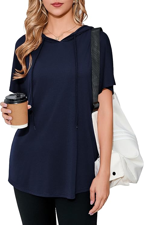 SUEANI Women's Short Sleeve Hoodie Tunic Tops Casual Loose Fit Batwing Pullover Sweatshirts with Pockets