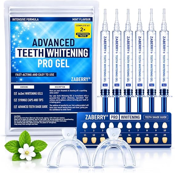 ZABERRY Teeth Whitening Kit with 6 x 3ml Gels + 2 Mouldable Custom-Fit Trays, At-Home Whitening Treatment, Gentle for Sensitive Teeth
