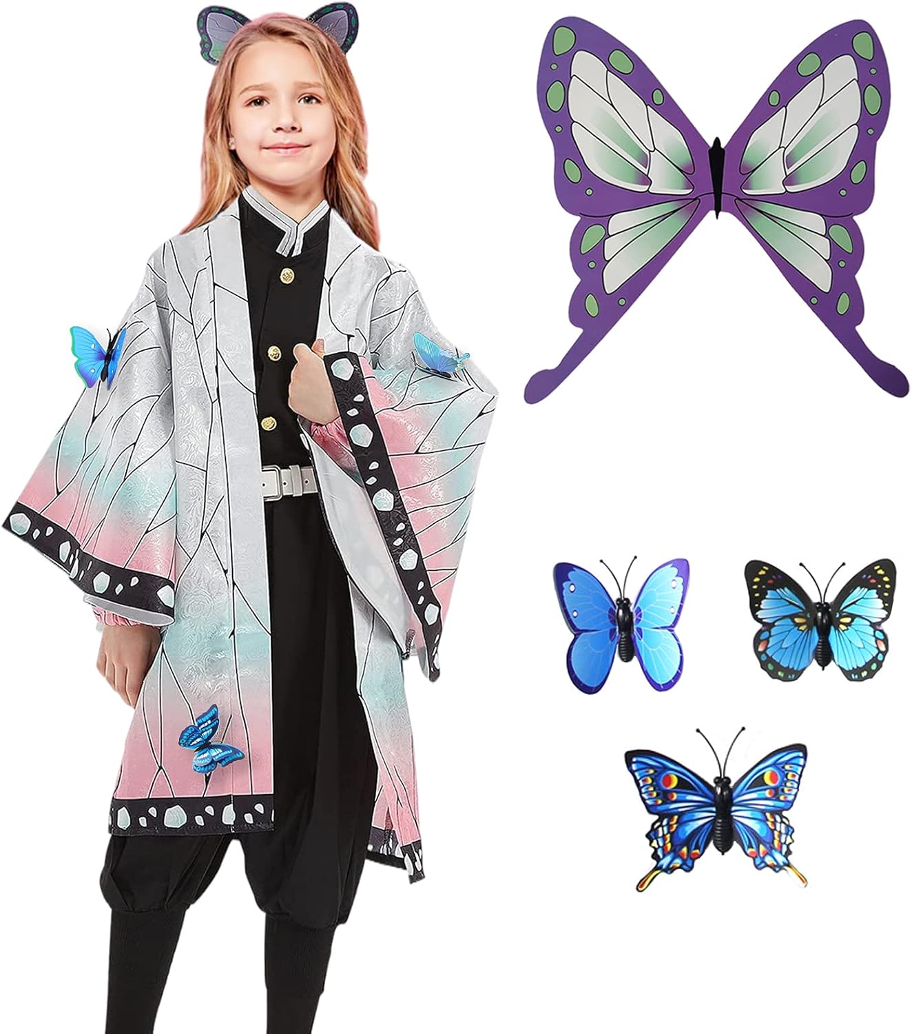 Demon Slayer Cosplay Kids Costumes Kochou Shinobu Girls Anime Kimono Hallowee Cloak