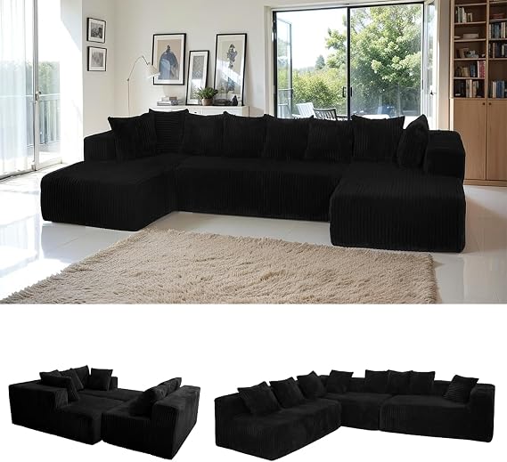130" Modular Boneless Couch Convertible Sleeper Sofa Corduroy Sectional Sofa for Living Room Modern Cloud Couch with Deep Seat Chaise Comfy Oversize 4-6 Seat No Assembly (Black)