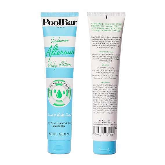 PoolBar Sundowner Aftersun Body Lotion for Women and Men Skin Care, Hydration and Soothing Relief Coconut & Vanilla Scent Sun Care, Enriched with Hyaluronic Acid, Shea Butter, and Aloe Vera, 200ml