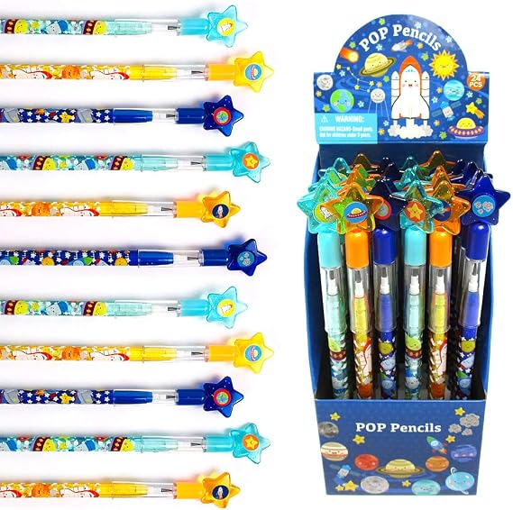 TINYMILLS 24 Pcs Outer Space Rocket Multi Point Stackable Push Pencil Assortment with Eraser for Space Birthday Party Favor Prize Carnival Goodie Bag Stuffers Classroom Rewards