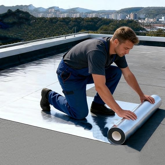 1.5mm Thick Self-Adhesive Asphalt Waterproof Tape - Roof Repair Sealant Tape Waterproof Membrane - Bitumen Aluminum Flashing Roll Patch Roofing Shingles Tape for Leak(1x1 m/3.3x3.3 ft)