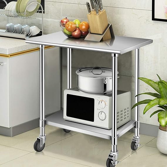 24 x 36 inches Restaurant Prep Rolling Table, Heavy Duty Casters Regtangular Shape Home Kitchen Stainless Steel Service Cart, Adjustable Microwave Bottom Shelf