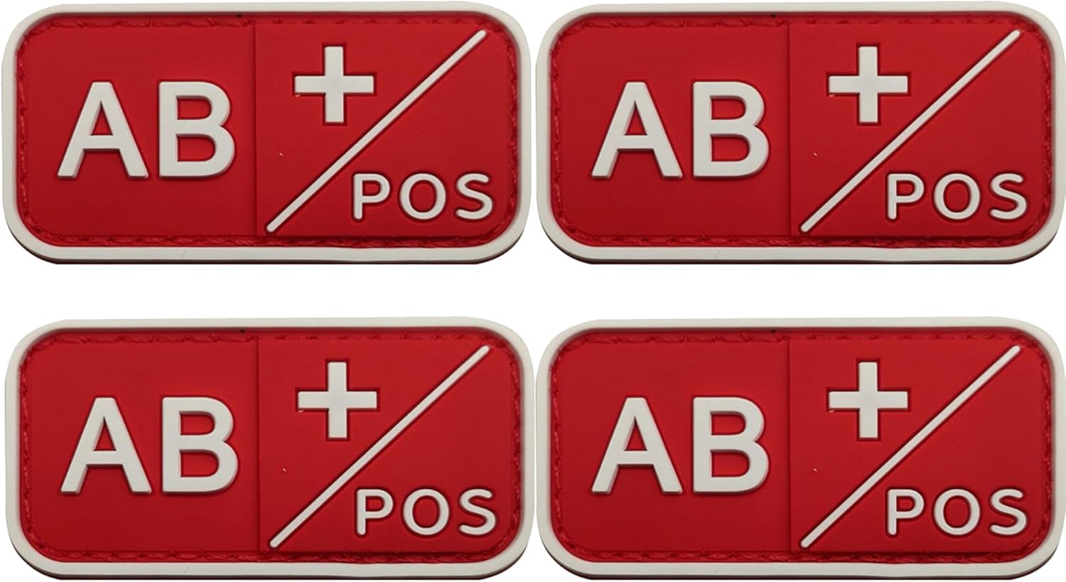 Blood Type PVC AB Positive Patches, AB Pos, Hook and Loop Fastener Backing, 1.97 x 0.98 Inch, Red and White, Set of 4
