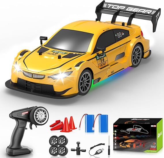 RC Drift Car 1:16, 2.4GHz 4WD Remote Control Car, 30+KM/H High Speed Drifting RC Cars with LED Lights Two Batteries and Drift Tires Racing Cars for Adults Boys Kids, Yellow
