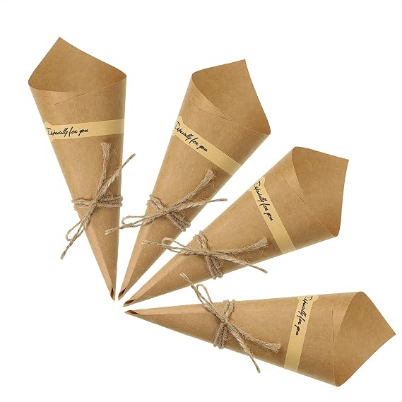 ONLYKXY 50pcs Original Color Cone Paper Retro Kraft Paper Dried Flower Gift Packaging Box Card Creative Cone Bouquet Diy Wedding Candy Box,Flat size:5.8x5.8inch