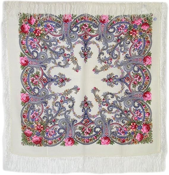 Pavlovo Posad Wool Shawl for Women with Silk Fringe 35x35'' (89x89 cm) 100% Wool Scarf for Women, Floral Wrap, Fashion Scarf