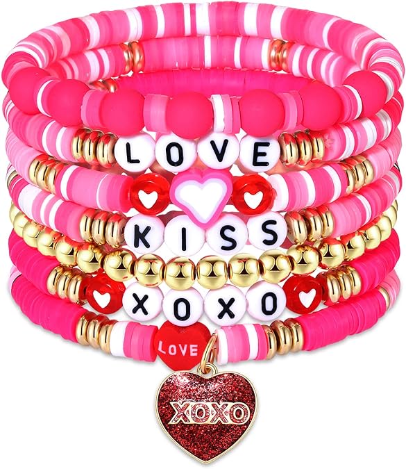 FAERLIIRY Valentines Day Bracelets Heishi Stretch Bracelets for Women Red Heart Charms Bracelets LOVE KISS XOXO Stackable Bracelet Holiday Party Gifts