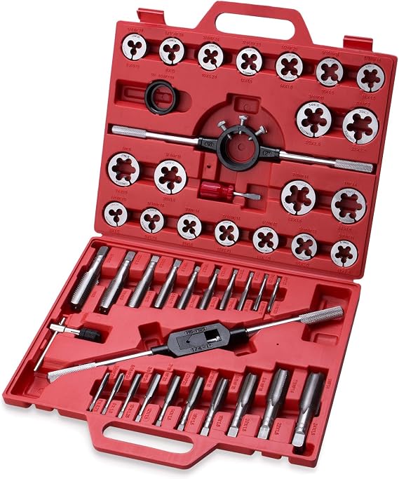 45-Piece Premium Large Size Tap and Die Set - SAE 1/4, 5/16, 3/8, 7/16, 1/2, 9/16, 5/8, 3/4, 7/8, 1, Both Coarse and Fine Teeth | Essential Threading and Rethreading Tool with Handle Wrench and Case