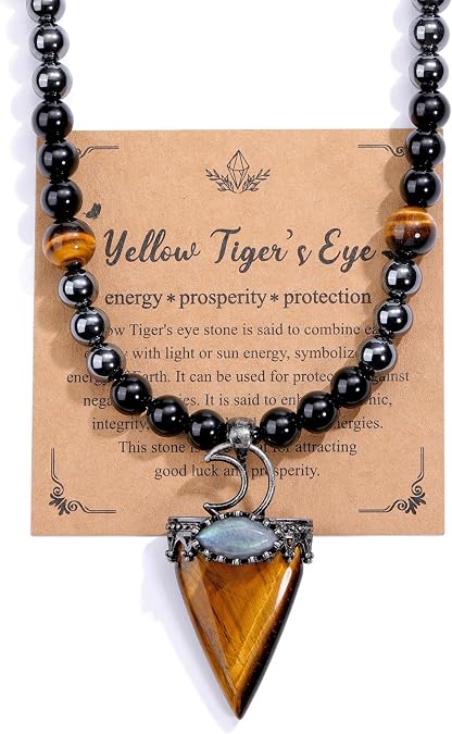 Jovivi Mens Stone Beaded Necklace Natural Tiger Eye Obsidian Hematite Healing Crystal Necklace Triangle Pendulum Pendant Crystal w/Moon
