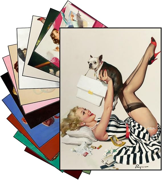 PIXILUV 12 x Mini Posters Unframed ~ Playful Pets and Glamour: Vintage Pin-Up Beauties with Cats, Dogs, and Mischievous Companions in Joyful Indoor Adventures