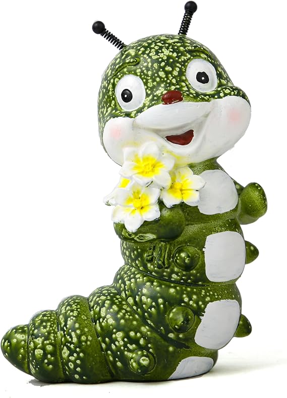 Whimsical Caterpillar Statue Garden Decor with Spring Antennas, Hand-Painted Resin Insect Figurine with Plumeria Flowers, Funny Animal Outdoor Garden Sculptures for Home, Living Room, Porch, Patio