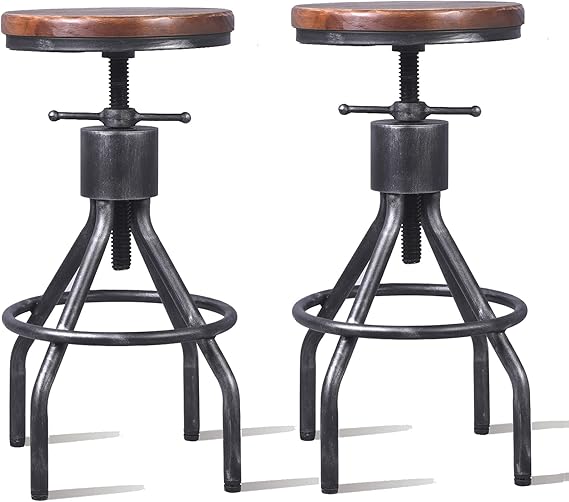 LOKKHAN Set of 2 Industrial Bar Stool-Vintage Adjustable Round Wood Metal Swivel Bar Stool-Cast Iron-23-30 Inch Tall Counter Bar Height Farmhouse Kitchen Stools