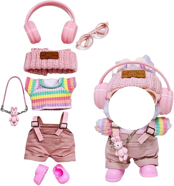 7 Pcs Clothes for LBB(NO Doll) , Pink Overalls Set Earphone Glasses Bag Shoes for LBB Clothes 15cm/17cm Doll with Fashion Accessories (Pink)