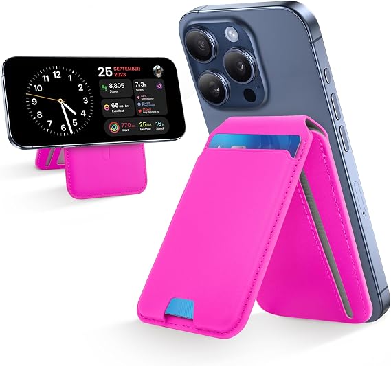 CreaDream Wallet for Magsafe, Magnetic Card Holder with RFID for iPhone 17/16/15/14/13/12 Series, Adjustable Phone Stand with 5 Card Holder, Hot Pink