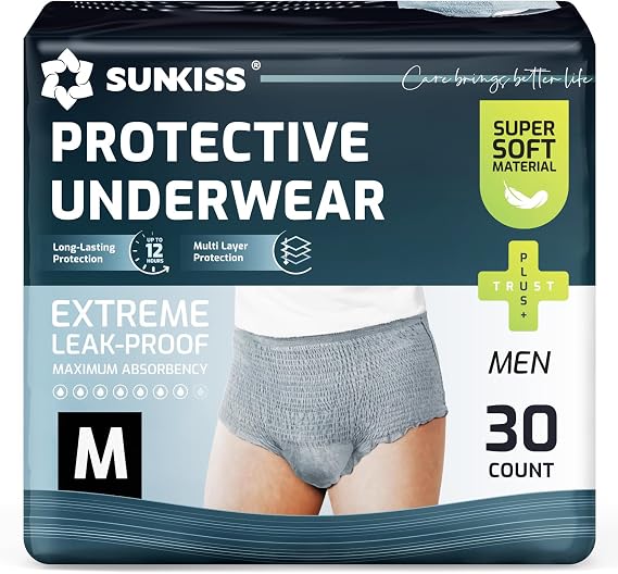 SUNKISS Super Soft Incontinence Underwear for Men, Medium, Grey, 30 Count | Disposable Daytime Adult Pull Ups Briefs with Maximum Absorbency, Leak Protection, Odor Control, Soft & Breathable Comfort