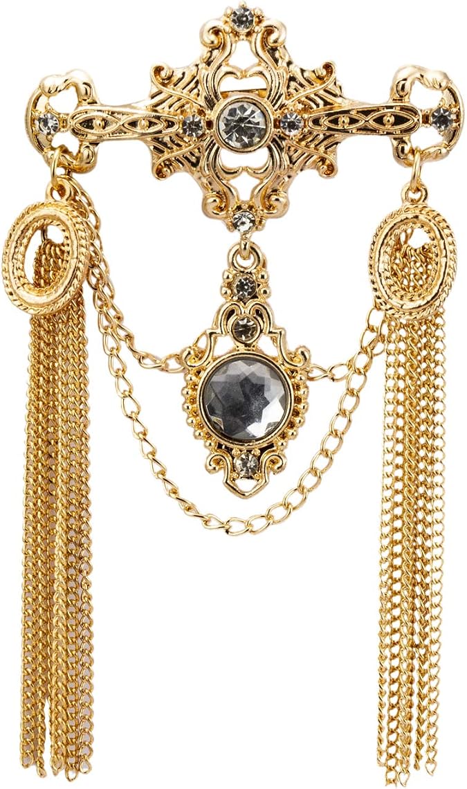 Knighthood Brooch Pin Royal Gold Engraved Shimmery Stone And Chain Brooch Suit Stud Lapel Pin Accessories for Men Women