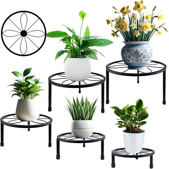 HENABLE 5 Packs Metal Plant Stand Indoor, Outdoor Black Plant Stand for Multiple Plant, Rustproof Iron Round Heavy Duty Flower Pot Stand, Plant Shelf for Planter Garden Home
