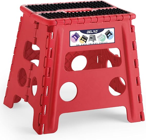Delxo Folding Step Stool 13 Inch,300 Lbs Step Stool for Adults Red