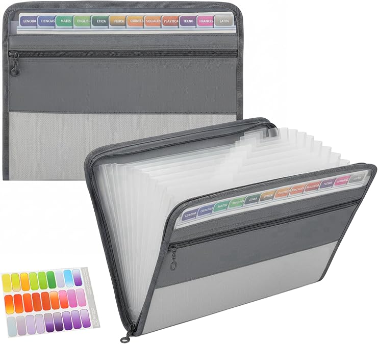 13 Pockets Expanding File Folder with Zipper Closure, A4 Plastic Document Wallet Organizer with Handy Front Pocket for Personal Office Stationary Storage