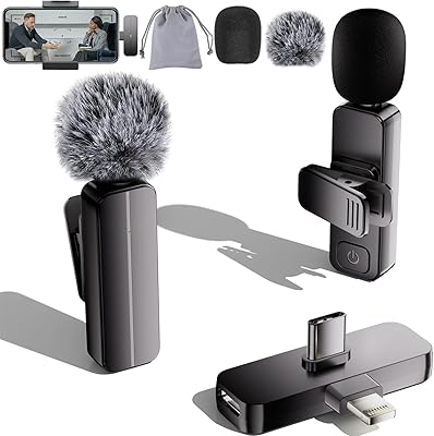 2 Pack Wireless Mini Lavalier Lapel Microphone for iPhone,Android Phone2 in 1 - 65ft Cordless Clip on Dual Mics with Noise Reduction 6H Working Time for Video Recording Vlogging, YouTube,Black