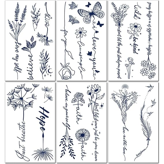 CHARLENT Semi-Permanent Tattoos for Women Girls - 2 Weeks Long Last Waterproof Realistic Flower Words Temporary Tattoos/Fades Naturally/Body Art Stickers