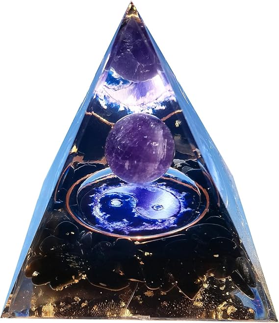 Mokeum Orgone Pyramid for Positive Energy, Amethyst Crystal Sphere Pyramid, Protection Crystals Energy Generator for Stress Reduce Healing Meditation Attract Wealth Luck (Amethyst-Taiji)