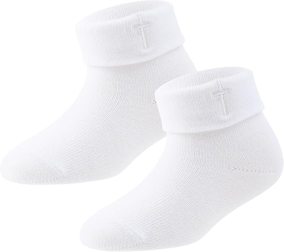 Baptism Socks for Baby Girls - White Newborn Christening Socks With Cross & Eyelet Frilly Lace