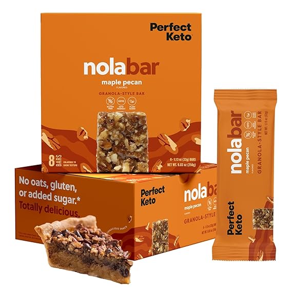 Perfect Keto Nola Bars, Gluten Free, Keto Granola Bars, Low Carb Snack or Breakfast Bar with No Sugar Added, Keto Diet Food, Healthy Snacks for Adults, 2g Net Carb, Maple Pecan, 8 Pack