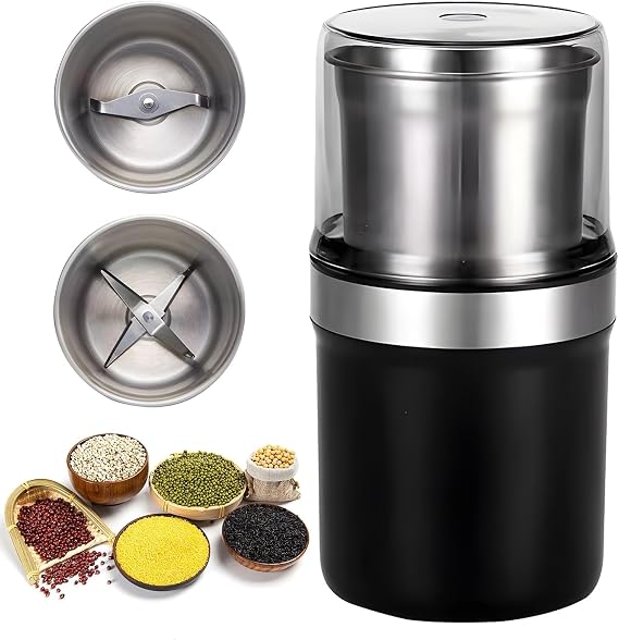 Electric Spice Grinder, Compact Electric Coffee Grinder with Stainless Steel Blades, 360° Stereo Grinding, 200W Portable Spice Blender with Detachable Cups, for Coffee Bean, Spices, Nuts, Grains
